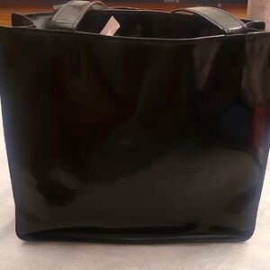 CHANEL Glossy Black Shopper Bag Vintage Has Wear And Faded Embosssed Letters